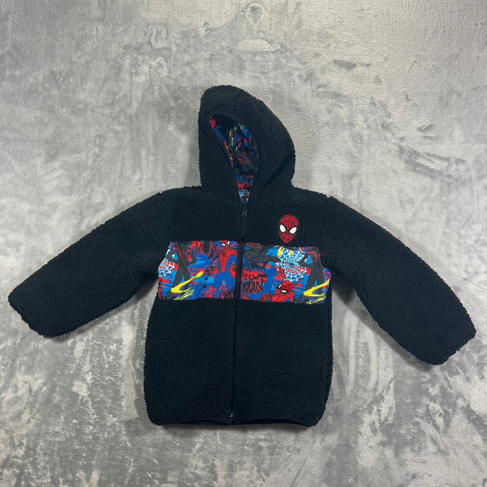 Spider-Man Puffer Reversible Hoodie Jacket Kids Size 6 Black Blue Good Marvel